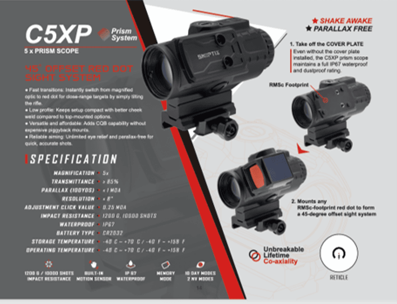C5XP Prism optic with 45° offset red dot mounting braket. Skoptix